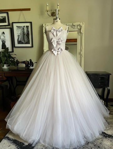 Stunning A Line Spaghetti Strap Bow Light Purple Tulle Long Party Dress Evening Dress HZ1023